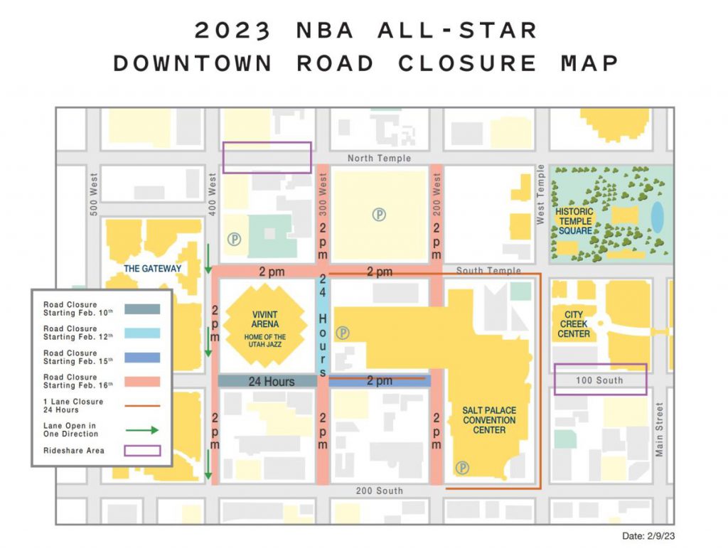 A map detailing road closures during NBA All-Star weekend.