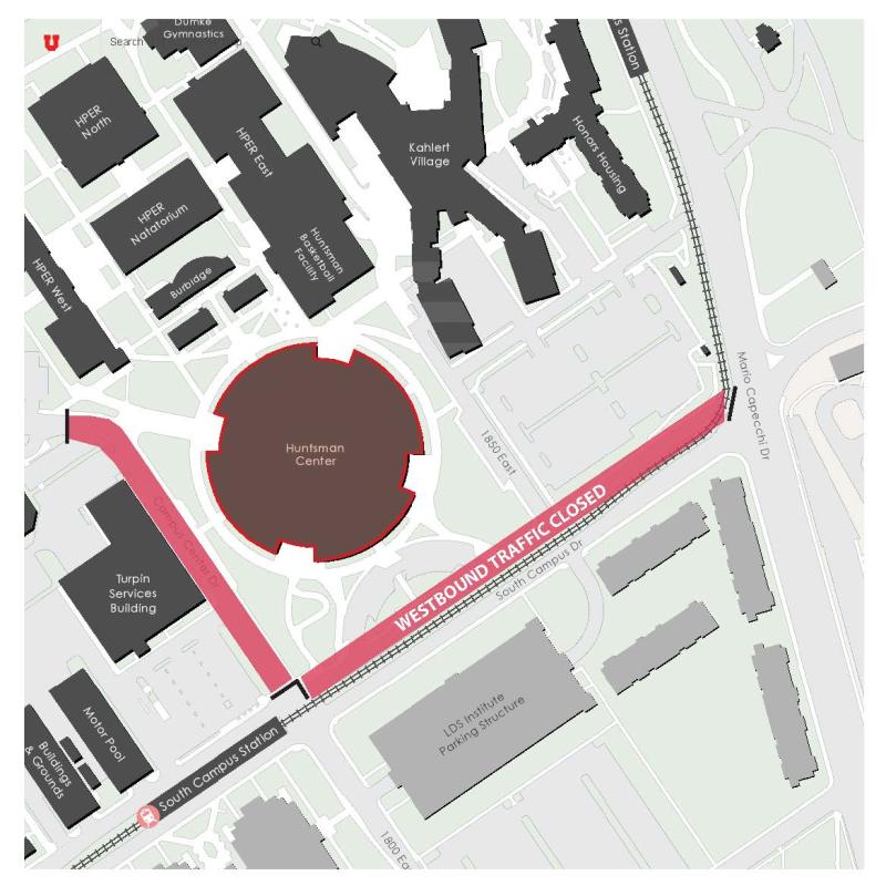 A map detailing closures around the Huntsman Basketball Facility during the NBA All-Star weekend.