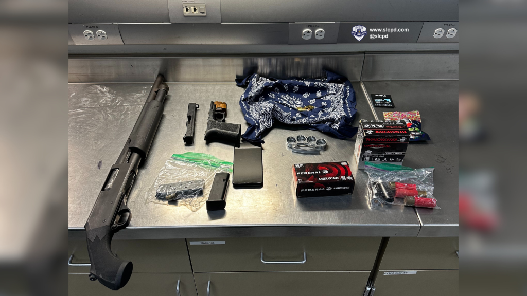 1- A photo of a shotgun, handgun, and ammo recovered by SLCPD detectives (SLCPD photo | June 29, 2023).