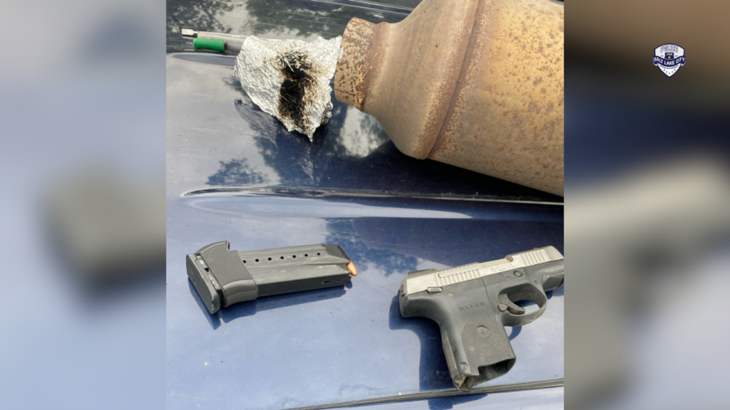 3- A photo of a handgun, loaded magazine, drug paraphernalia, and catalytic converter recovered by SLCPD officers (SLCPD photo | June 13, 2023).