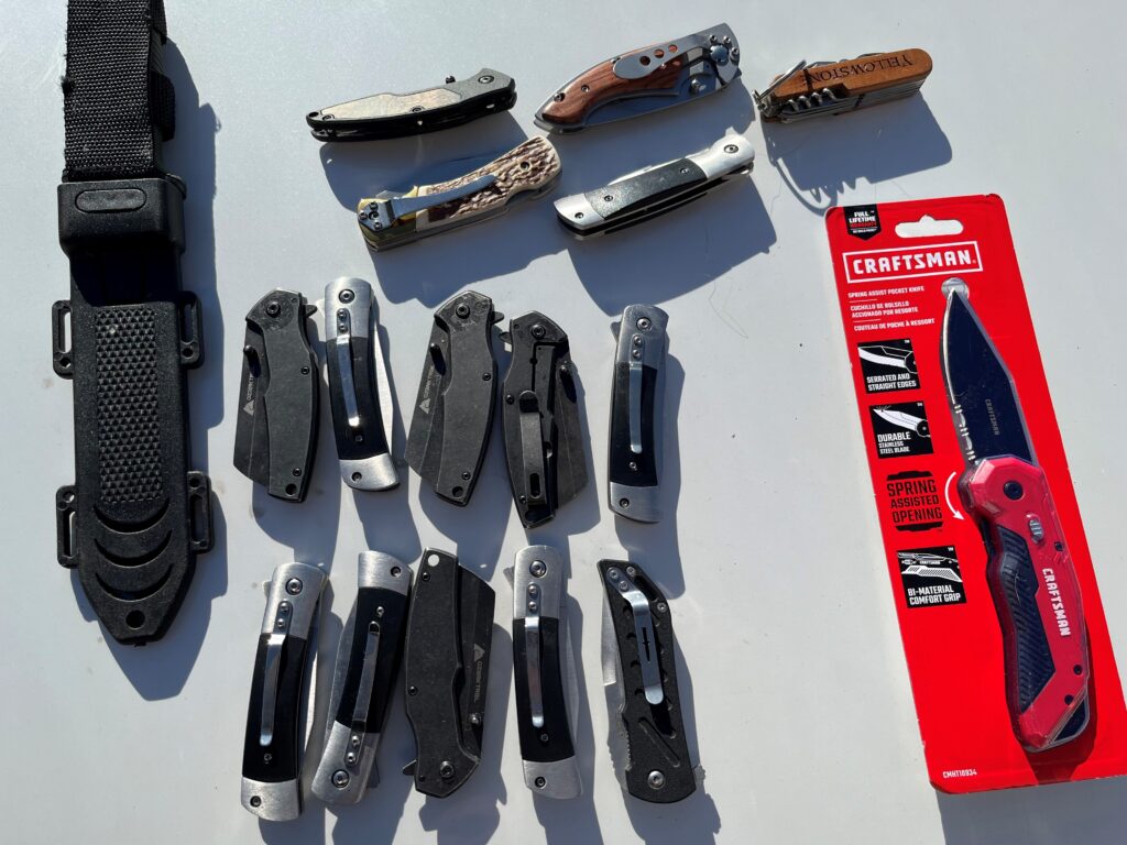 Photo: SLCPD officers recovered multiple knives during a traffic stop (SLCPD photo, January 16, 2024).