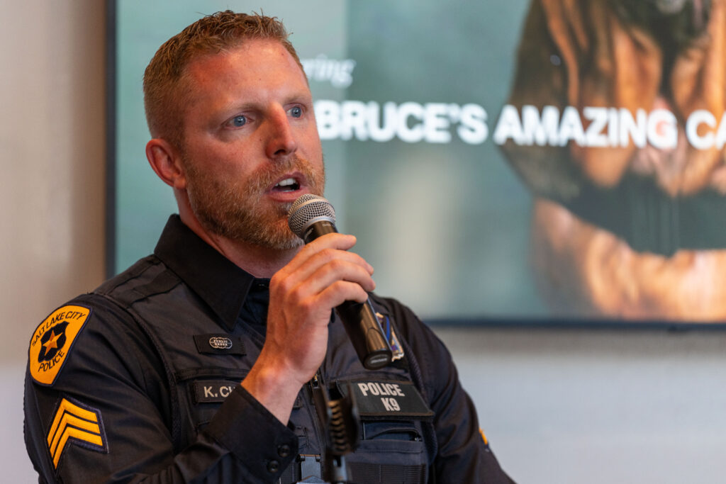 A photo of the SLCPD K9 Squad’s sergeant talking about K9 Bruce (SLCPD photo - April 17, 2024).